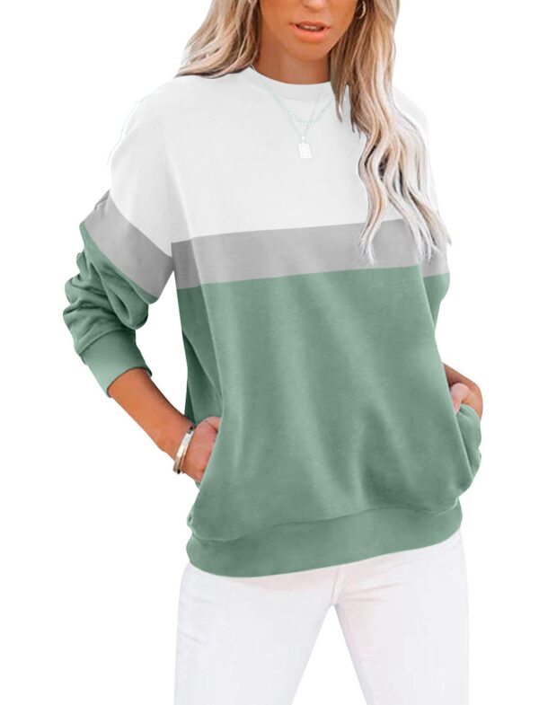 Women’s Casual Color Block Crewneck Sweatshirt – Loose Fit with Pockets