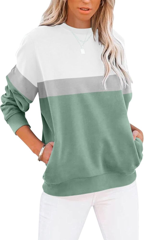 Women’s Casual Color Block Crewneck Sweatshirt – Loose Fit with Pockets - Image 2