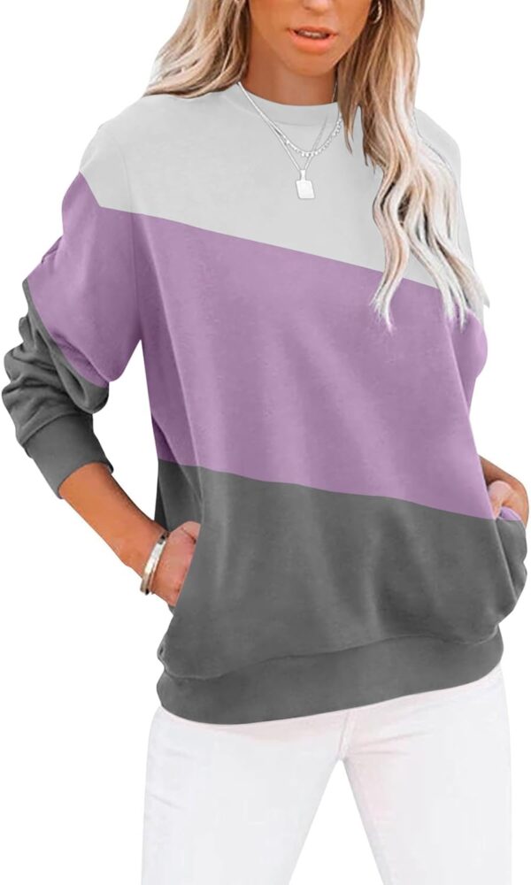 Women’s Casual Color Block Crewneck Sweatshirt – Loose Fit with Pockets - Image 30